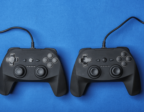 Two video gaming controllers on a blue background