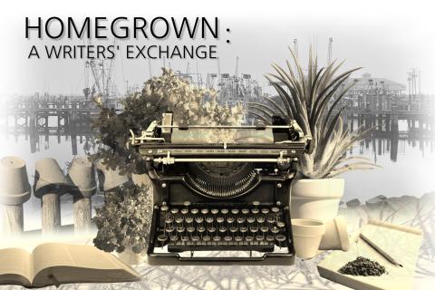 Homegrown: A Writers' Exchange; image shows old-fashioned typewriter with waterfront in the background.