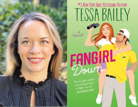 Image of author Tessa Bailey and book cover for Fangirl Down