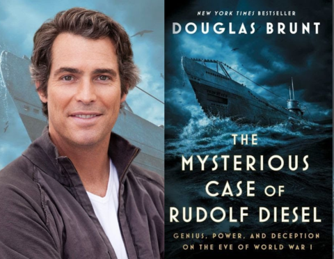 Headshot of author Douglas Brunt beside the cover of The Mysterious Case of Rudolf Diesel: Genius, Power, and Deception on the Eve of World War 1