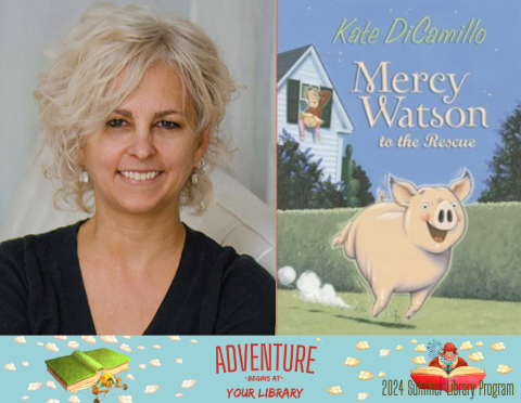 Kate DiCamillo and cover of Mercy Watson to the Rescue