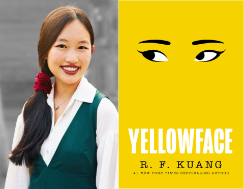 Image of author R. F. Kuang beside the cover of her book Yellowface