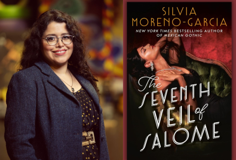 Author Silvia Moreno-Garcia pictured with the book cover for The Seventh Veil of Salome