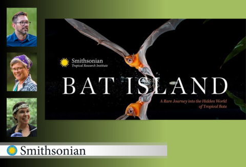 Dr. Rachel A. Page, Dr. Dina K. N. Dechmann, and Dr. M. Teaegue O'Mara pictured with the book Smithsonian: Bat Island