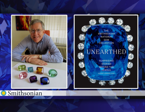 Dr. Jeffrey Post posing with a number of cut gemstones, next to the cover of The Smithsonian National Gem Collection Unearthed