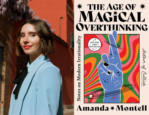 Author Amanda Montell standing in profile with book cover for The Age of Magical Overthinking