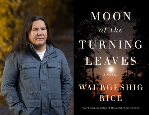 Author Waubgeshig Rice standing next to book cover for Moon of the Turning Leaves