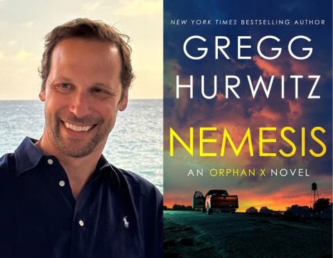 Smiling man beside book cover for Nemesis: An Orphan X Novel, by Gregg Hurwitz