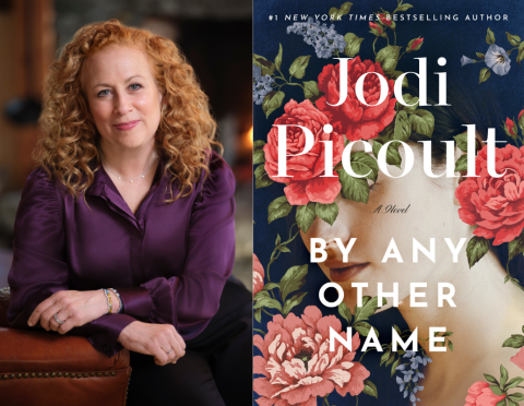 Smiling woman in purple blouse with red hair next to book cover for By Any Other Name, by Jodi Picoult