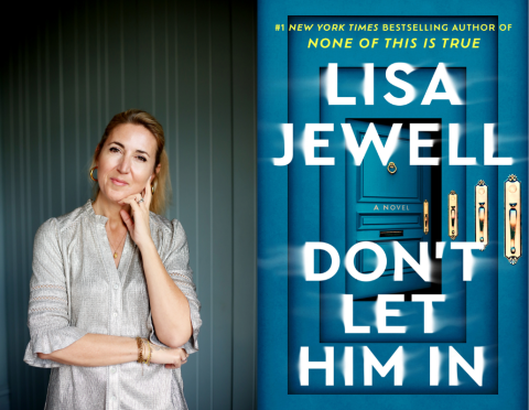 Author Lisa Jewell next to cover for Don't Let Him In
