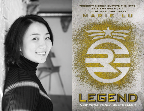 Author Marie Lu next to book cover for Legend