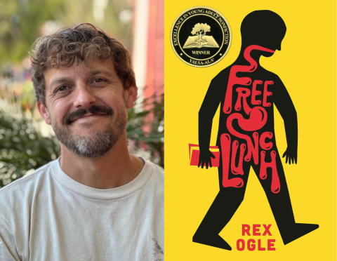 Author Rex Ogle next to book cover for Free Lunch