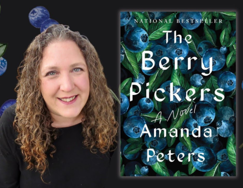 Author Amanda Peters next to book cover for The Berry Pickers: A Novel