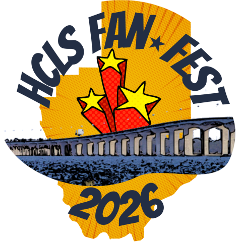 HCLS FAN-FEST 2026 logo (outline of Hancock County with Bay Bridge and exploding stars)