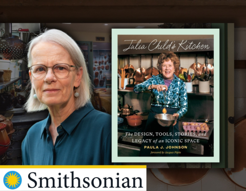 Author Paula J. Johnson with book cover for Julia Child's Kitchen