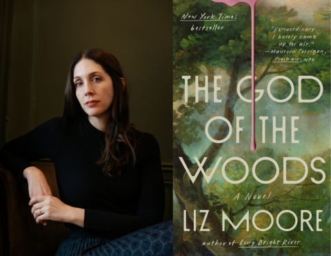 Author Liz Moore with book cover for The God of the Woods: A Novel