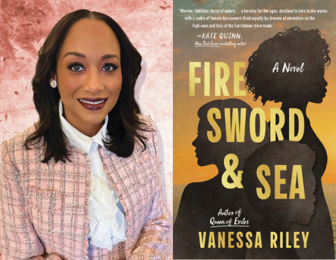 Author Vanessa Riley with book cover for Fire, Sword, & Sea: A Novel