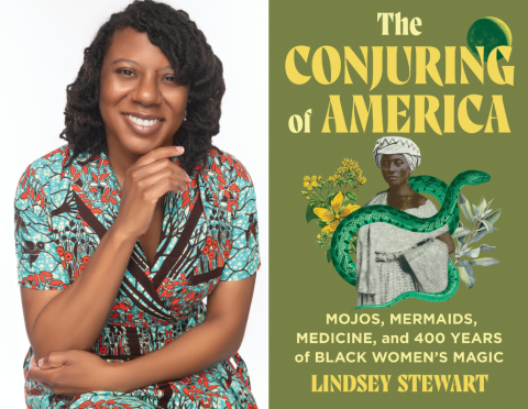 Author Lindsey Stewart with cover for The Conjuring of America: Mojos, Mermaids, Medicine, and 400 years of Black Women's Magic