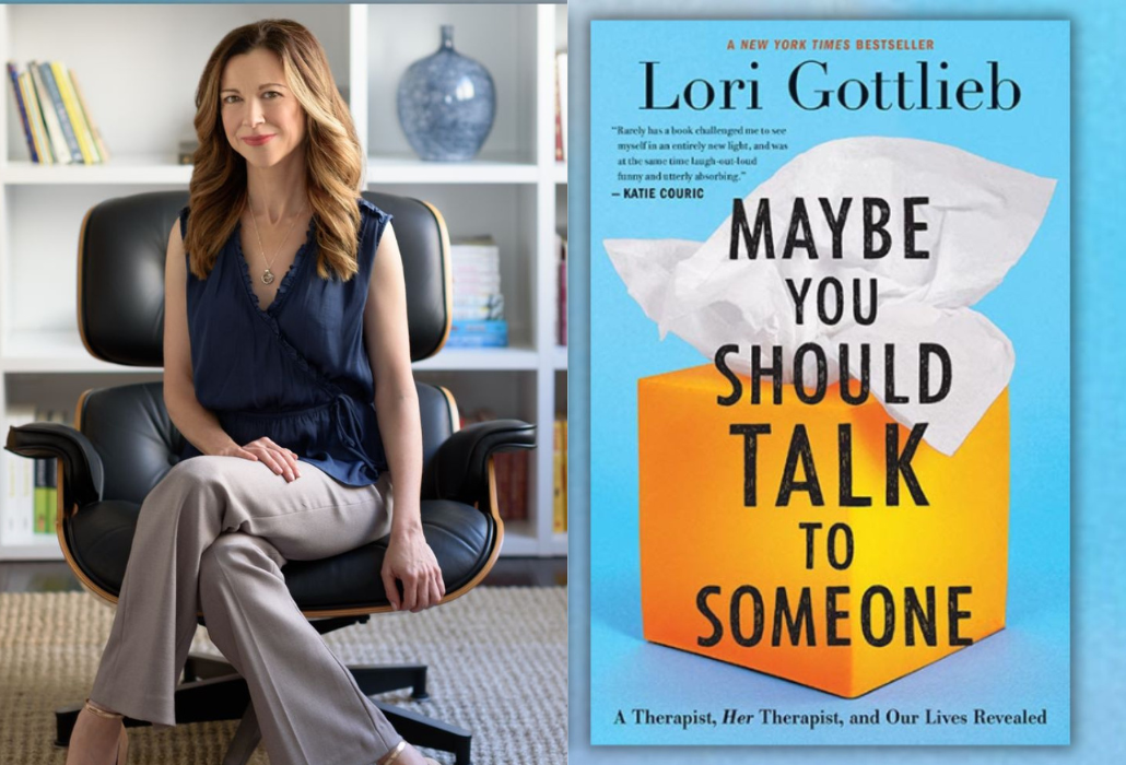 Psychotherapist and author Lori Gottlieb pictured with book cover for Maybe You Should Talk to Someone