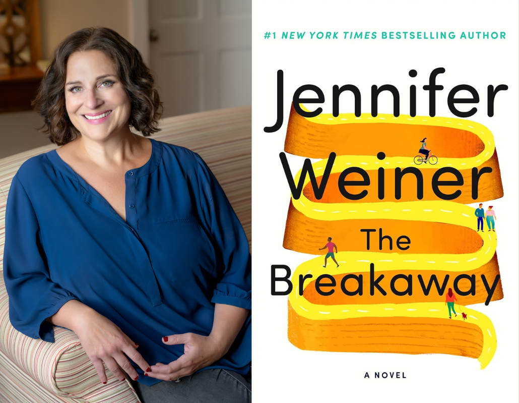 Jennifer Weiner with book cover for The Breakaway