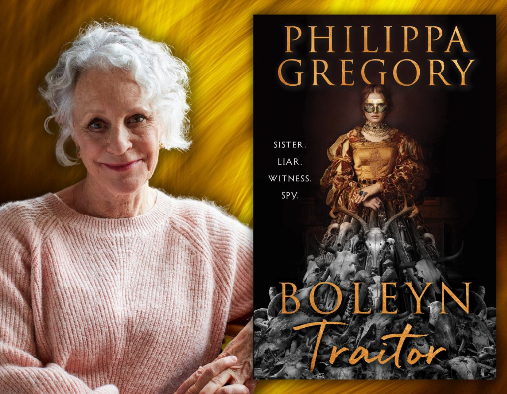 Author Philippa Gregory next to book cover for Boleyn Traitor